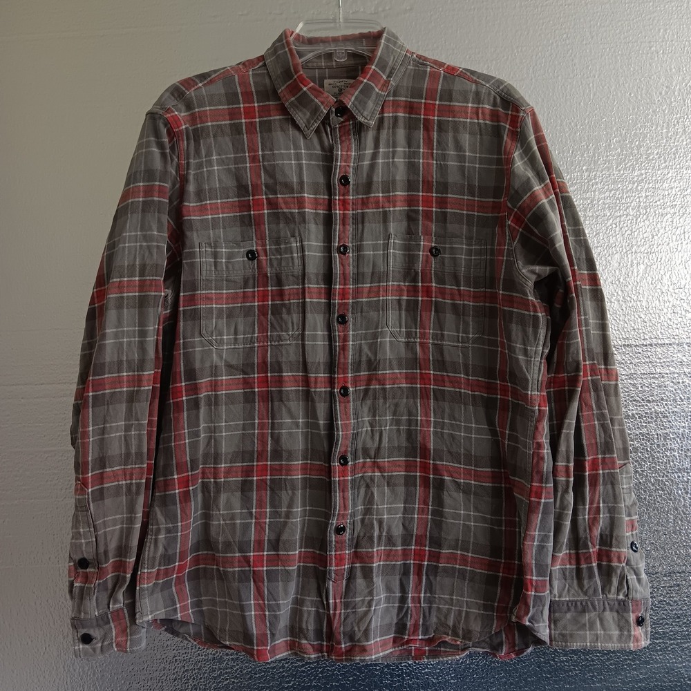 J Crew Shirt Mens Large Flannel Reg Fit Grey White Red Plaid Button Down